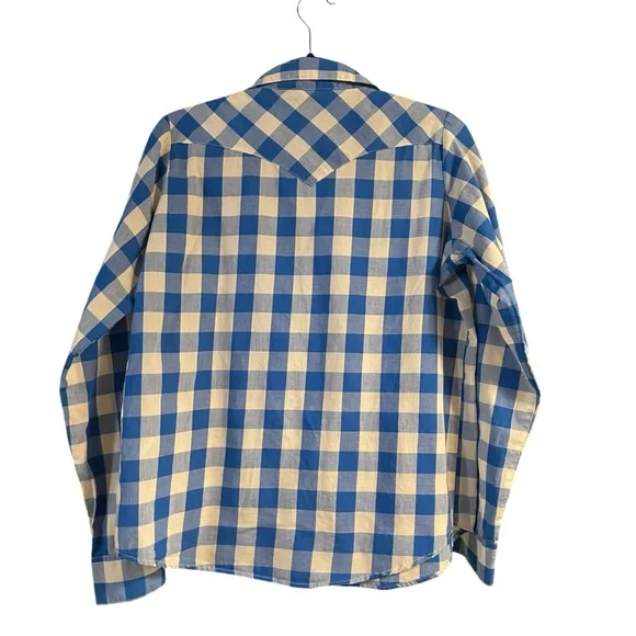 Wrangler ladies wrancher shirts blue and white plaid pearl snap button down L - Picture 2 of 7